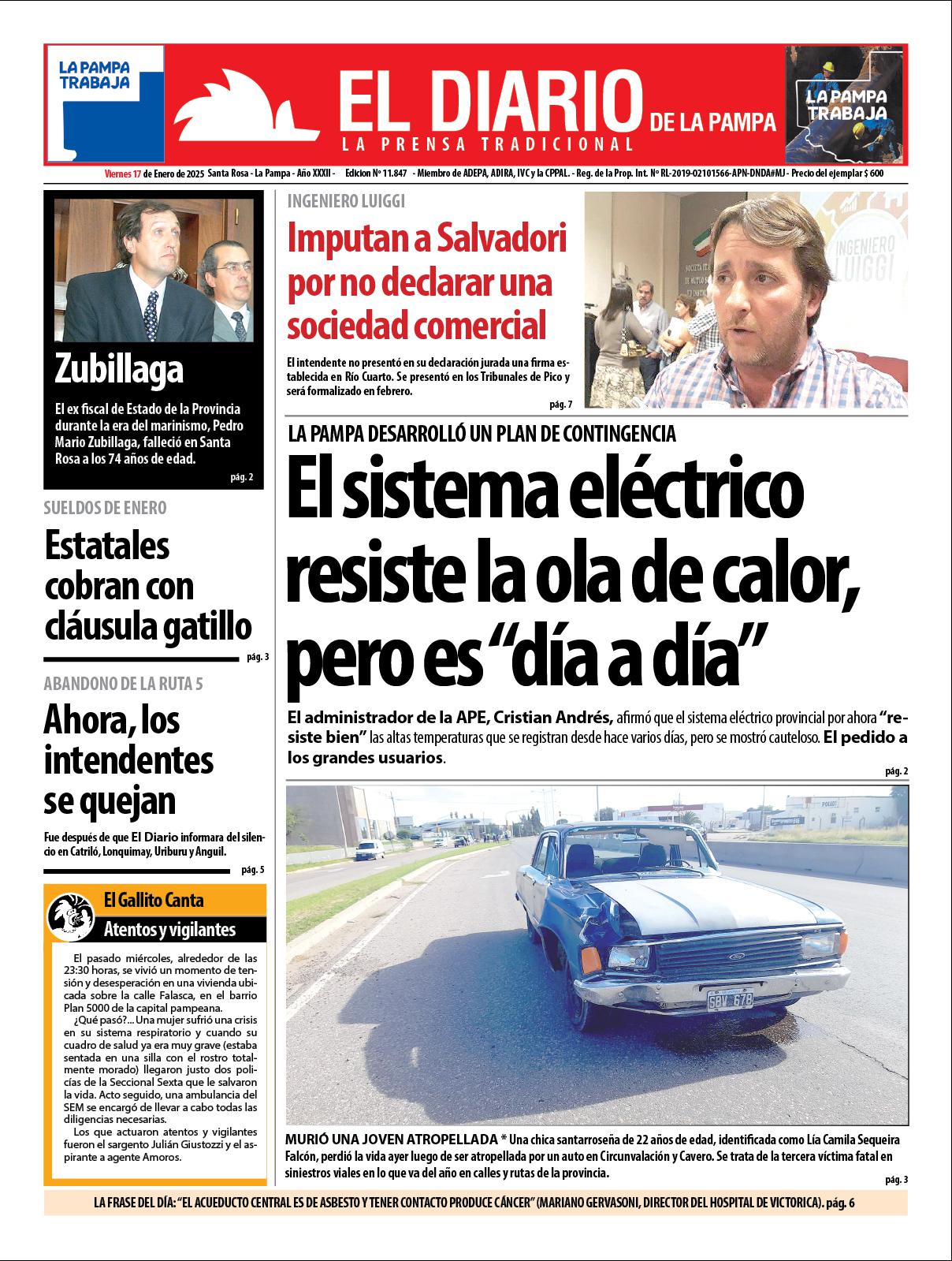 Tapa de El Diario en papel  viernes 17 de enero de 2025
